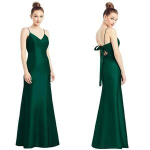 Alfred Sung D780 open back tie Green satin maxi dress Sz 12 wedding formal